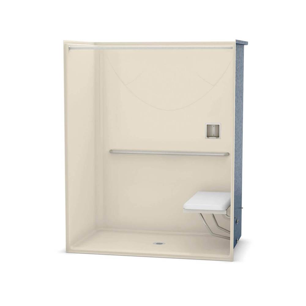 Aker OPS-6036-RS AcrylX Alcove Center Drain One-Piece Shower in Bone - MASS Grab Bar and Seat