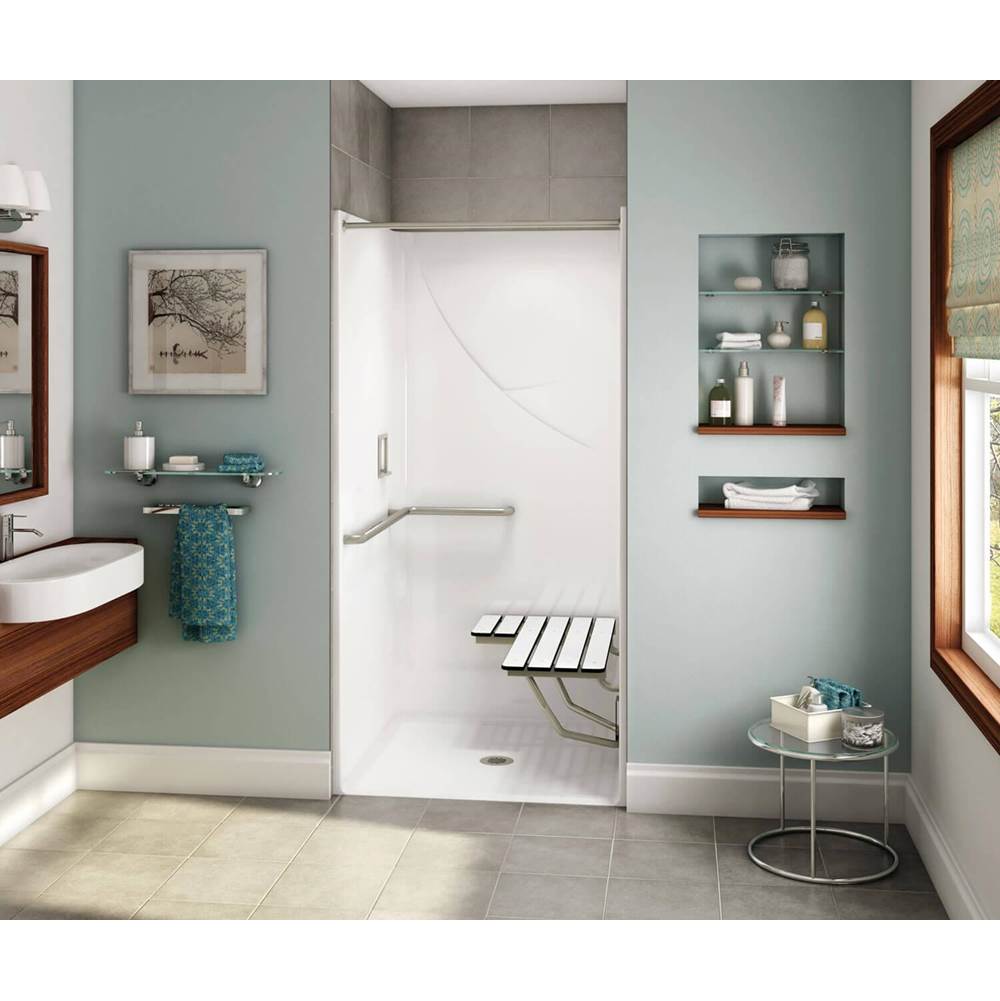 Aker OPS-3636-RS AcrylX Alcove Center Drain One-Piece Shower in Thunder Grey - L-shaped Grab Bar and Seat
