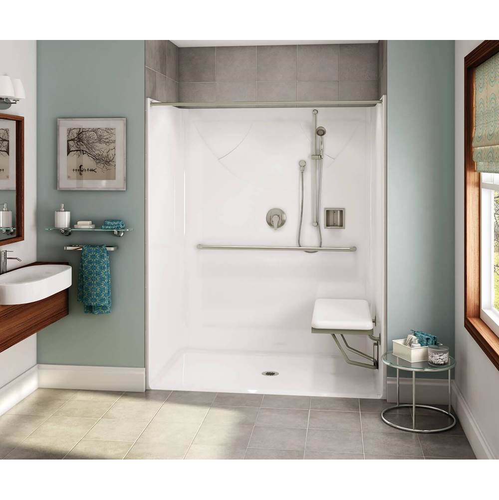Aker OPS-6036-RS AcrylX Alcove Center Drain One-Piece Shower in Black - MASS Grab Bar and Seat