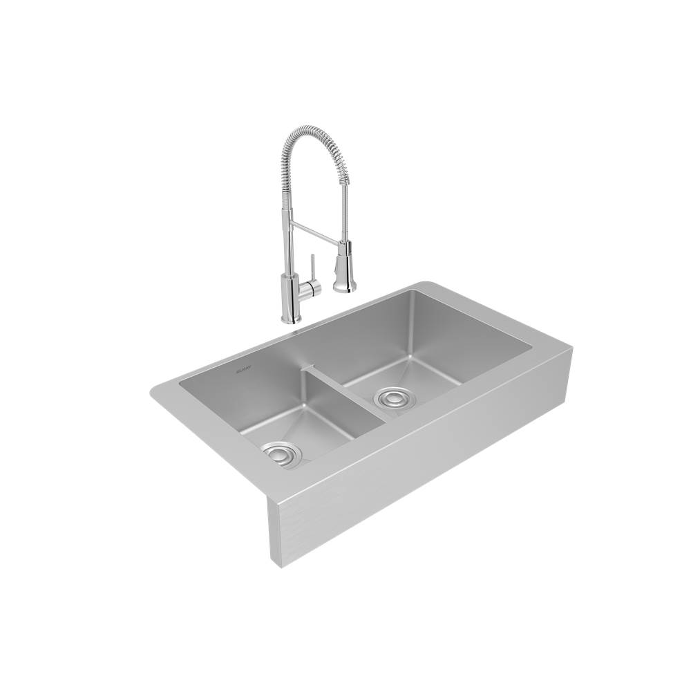 Elkay Crosstown 18 Gauge Stainless Steel 35-7/8'' x 20-1/4'' x 9'', Equal Double Bowl Farmhouse Sink and Faucet Kit with Aqua Divide and Drain