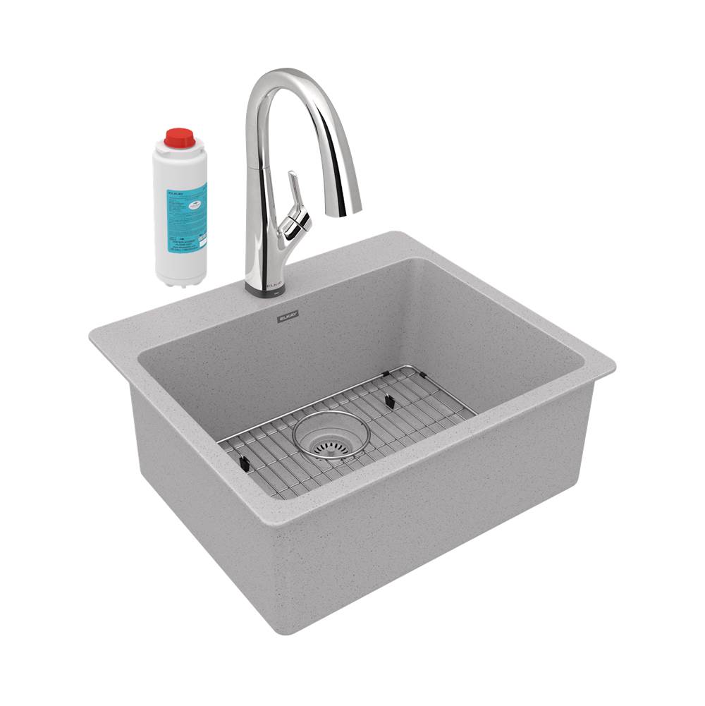 Elkay Quartz Classic 25'' x 22'' x 9-1/2'', Single Bowl Drop-in Sink Kit with Filtered Faucet, Greystone