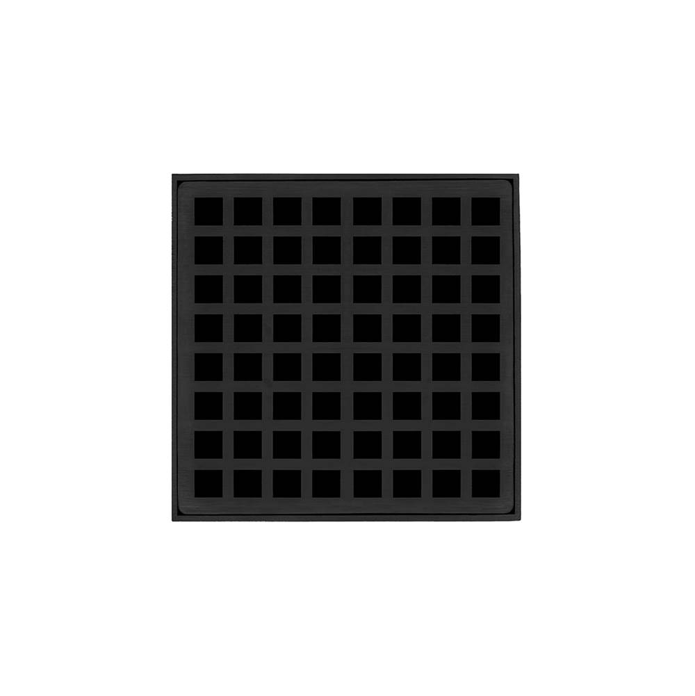 Infinity Drain 5'' x 5'' QD 5 Complete Kit with Squares Pattern Decorative Plate in Matte Black with Cast Iron Drain Body for Hot Mop, 2'' Outlet