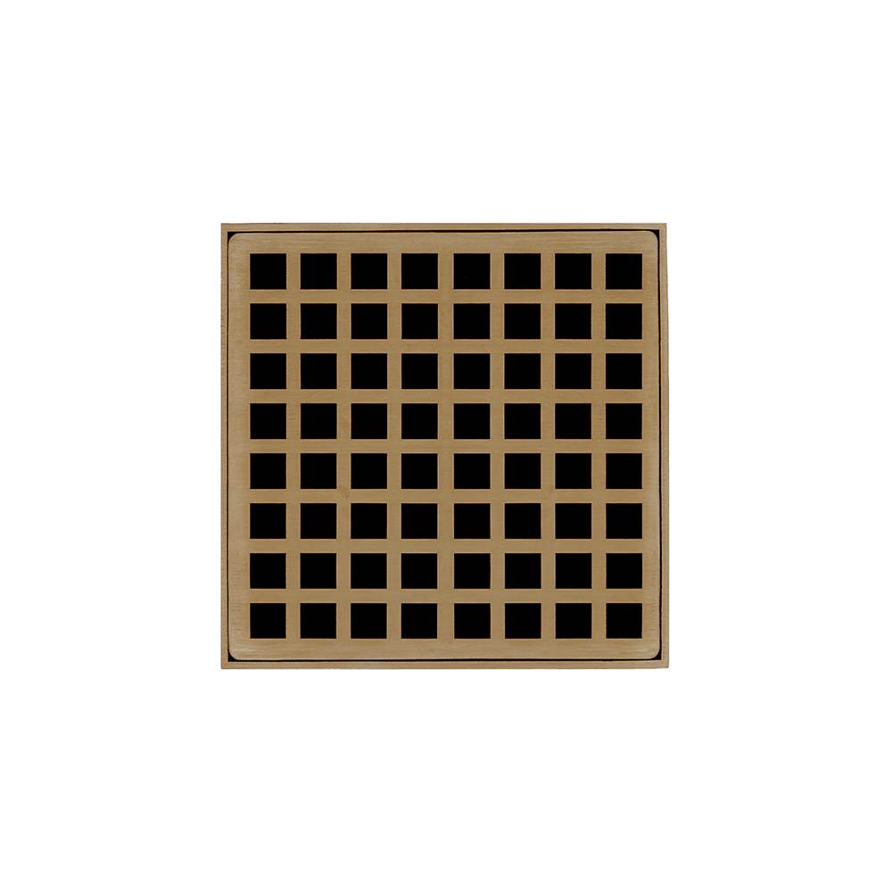 Infinity Drain 5'' x 5'' QD 5 Complete Kit with Squares Pattern Decorative Plate in Satin Bronze with ABS Drain Body, 2'' Outlet
