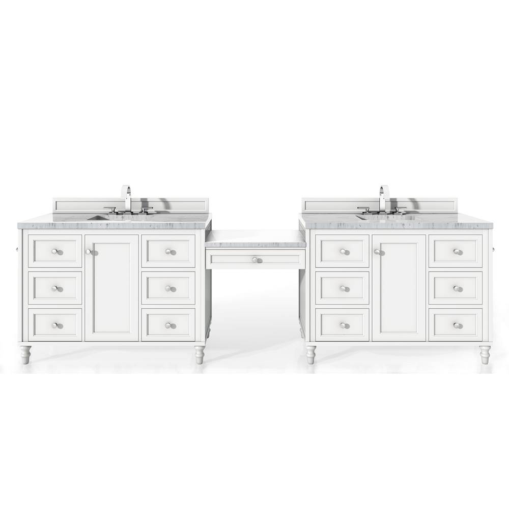 James Martin Vanities Copper Cove Encore 122'' Double Vanity Set, Bright White w/ Makeup Table, 3 CM Arctic Fall Solid Surface Top