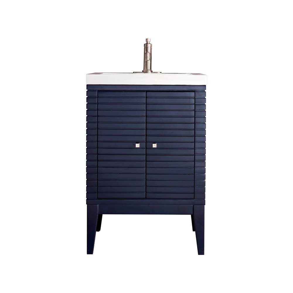 James Martin Vanities Linden 24'' Single Vanity Cabinet, Navy Blue w/ White Glossy Composite Countertop
