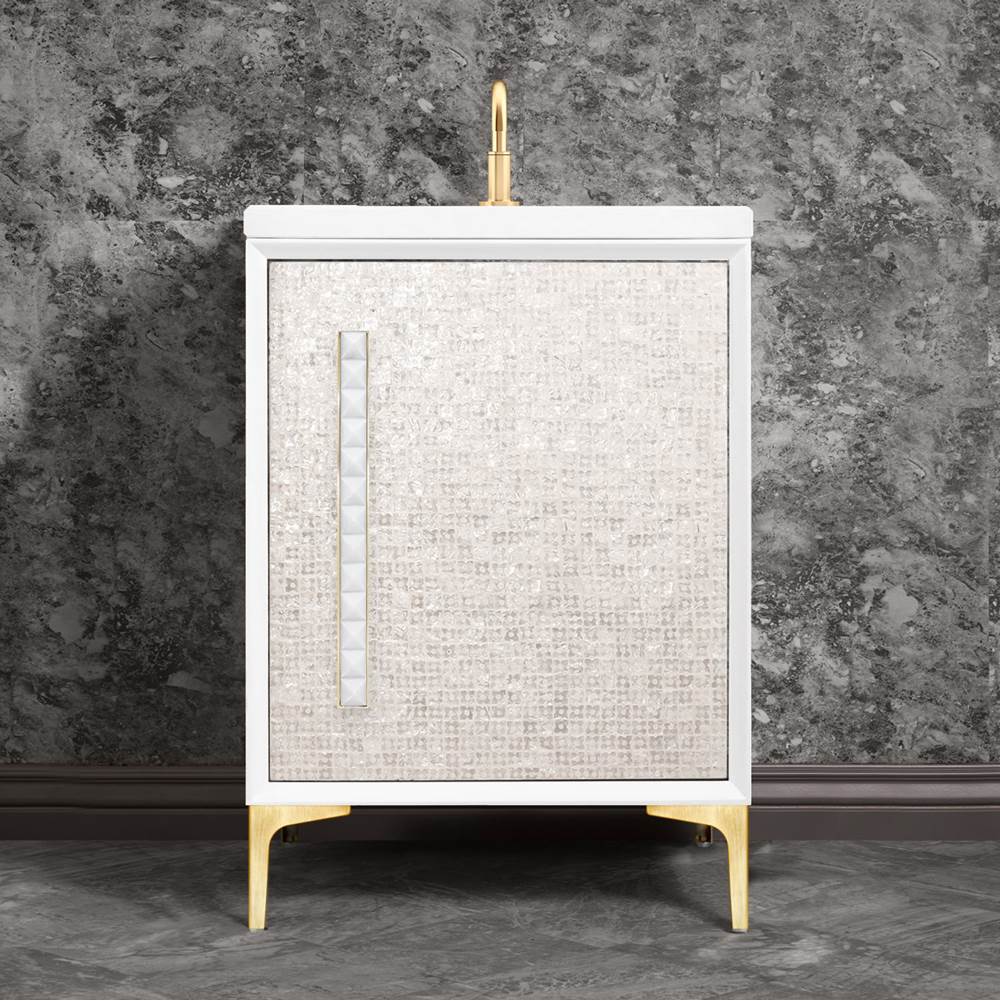 Linkasink MOTHER OF PEARL with 18'' Artisan Glass Pyramid Hardware 24'' Wide Vanity, White, Satin Brass Hardware, 24'' x 22'' x 33.5'' (without vanity top)