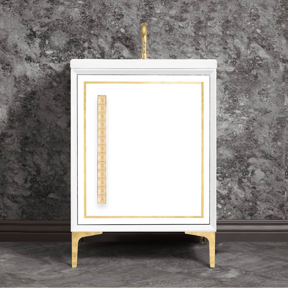 Linkasink LINEA with 18'' Artisan Glass Pyramid Hardware 24'' Wide Vanity, White, Polished Brass Hardware, 24'' x 22'' x 33.5'' (without vanity top)