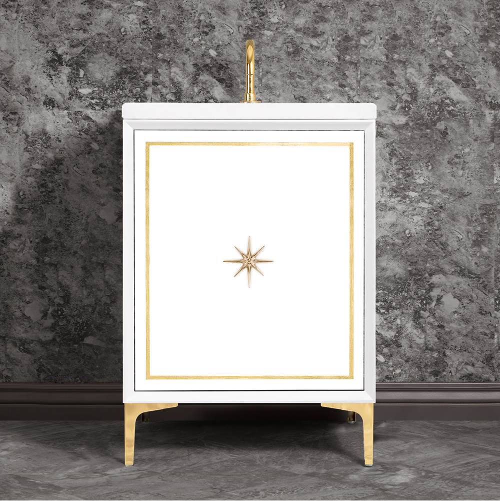 Linkasink Linea with 3'' Polished Brass Star Hardware, 24'' Wide Vanity, White, 24'' x 22'' x 33.5'' (without vanity top)