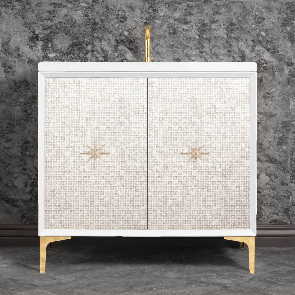 Linkasink Mother of Pearl with 3'' Polished Brass Star Hardware, 36'' Wide Vanity, White, 36'' x 22'' x 33.5'' (without vanity top)