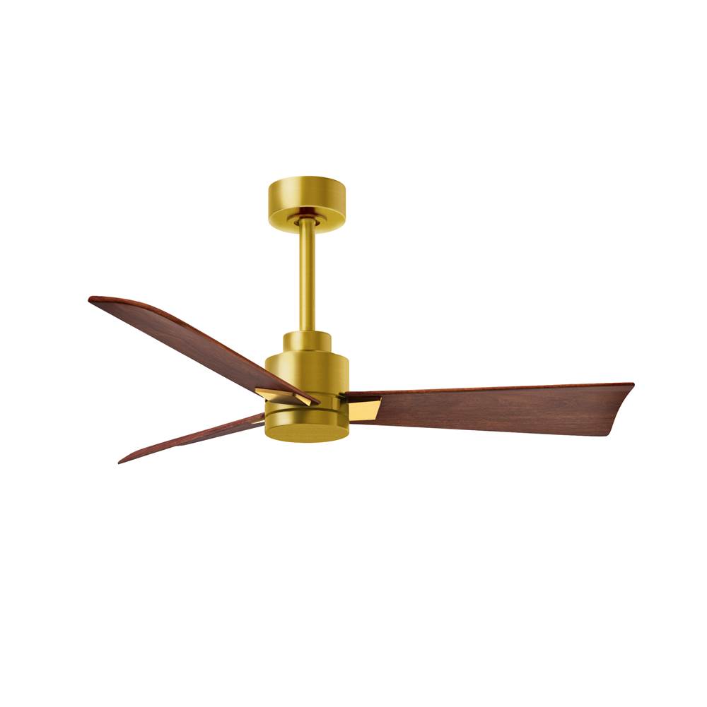 Matthews Fan Company Alessandra 3-blade transitional ceiling fan in brushed brass finish with walnut blades. Optimized for wet location