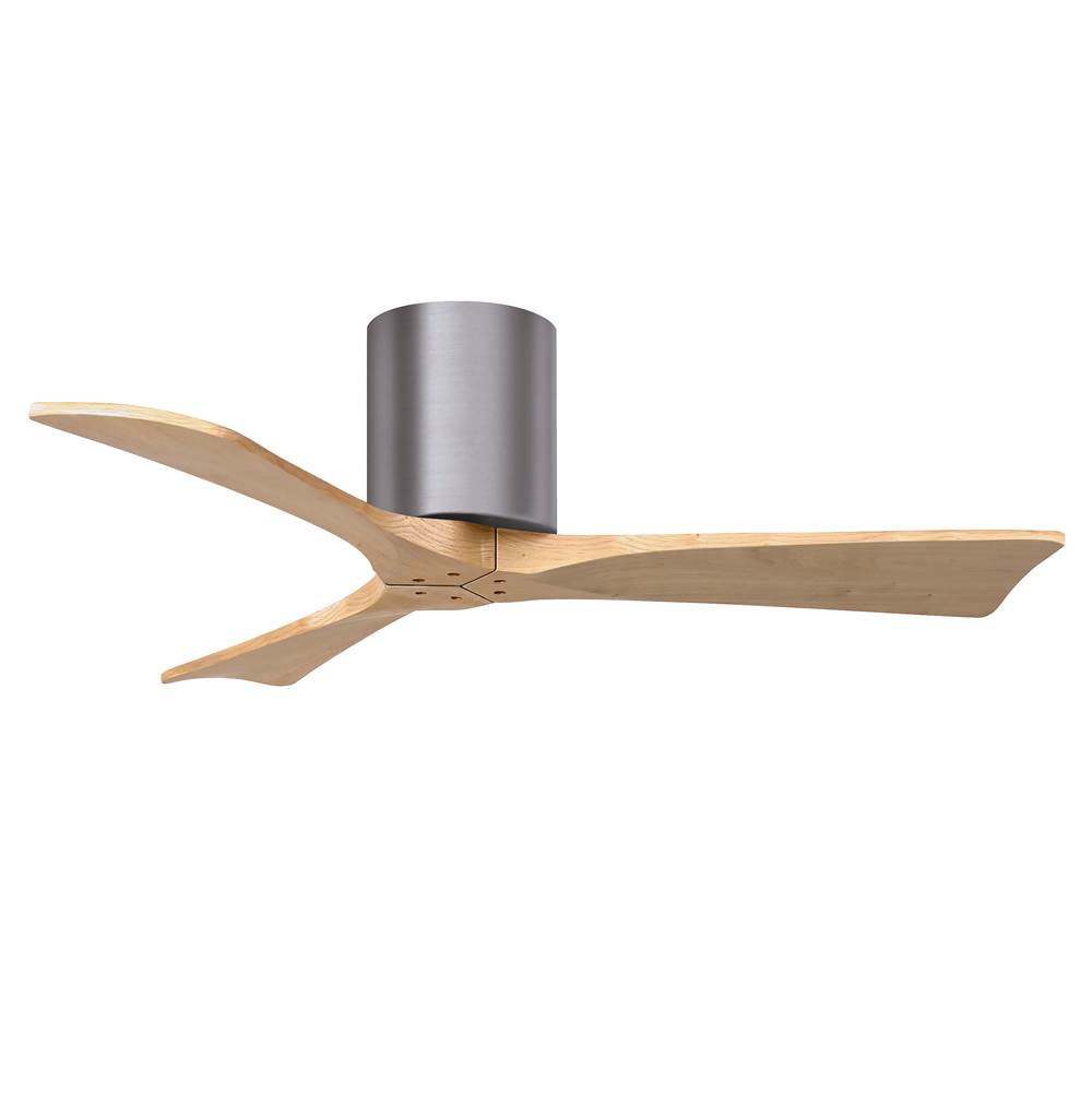 Matthews Fan Company Irene-3H three-blade flush mount paddle fan in Brushed Pewter finish with 42'' Light Maple tone blades.