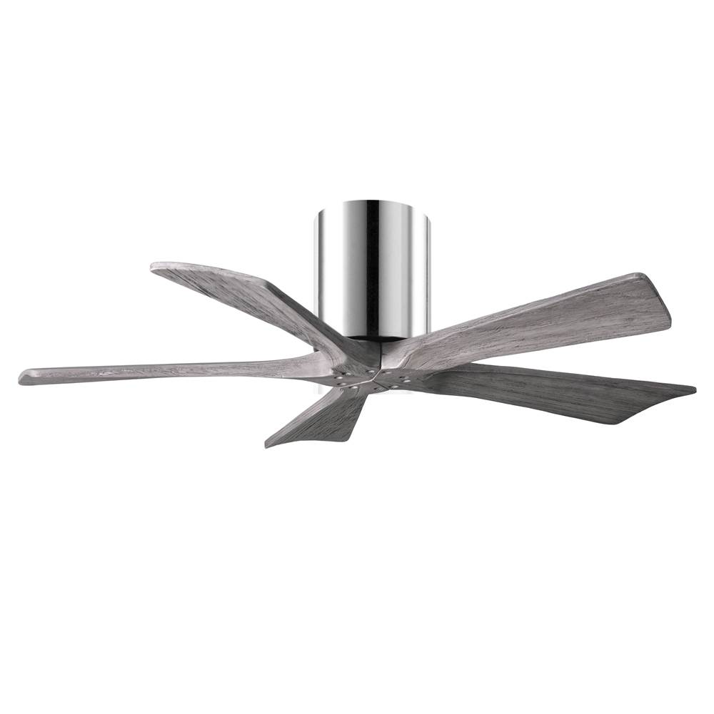 Matthews Fan Company Irene-5H five-blade flush mount paddle fan in Polished Chrome finish with 42'' solid barn wood tone blades.