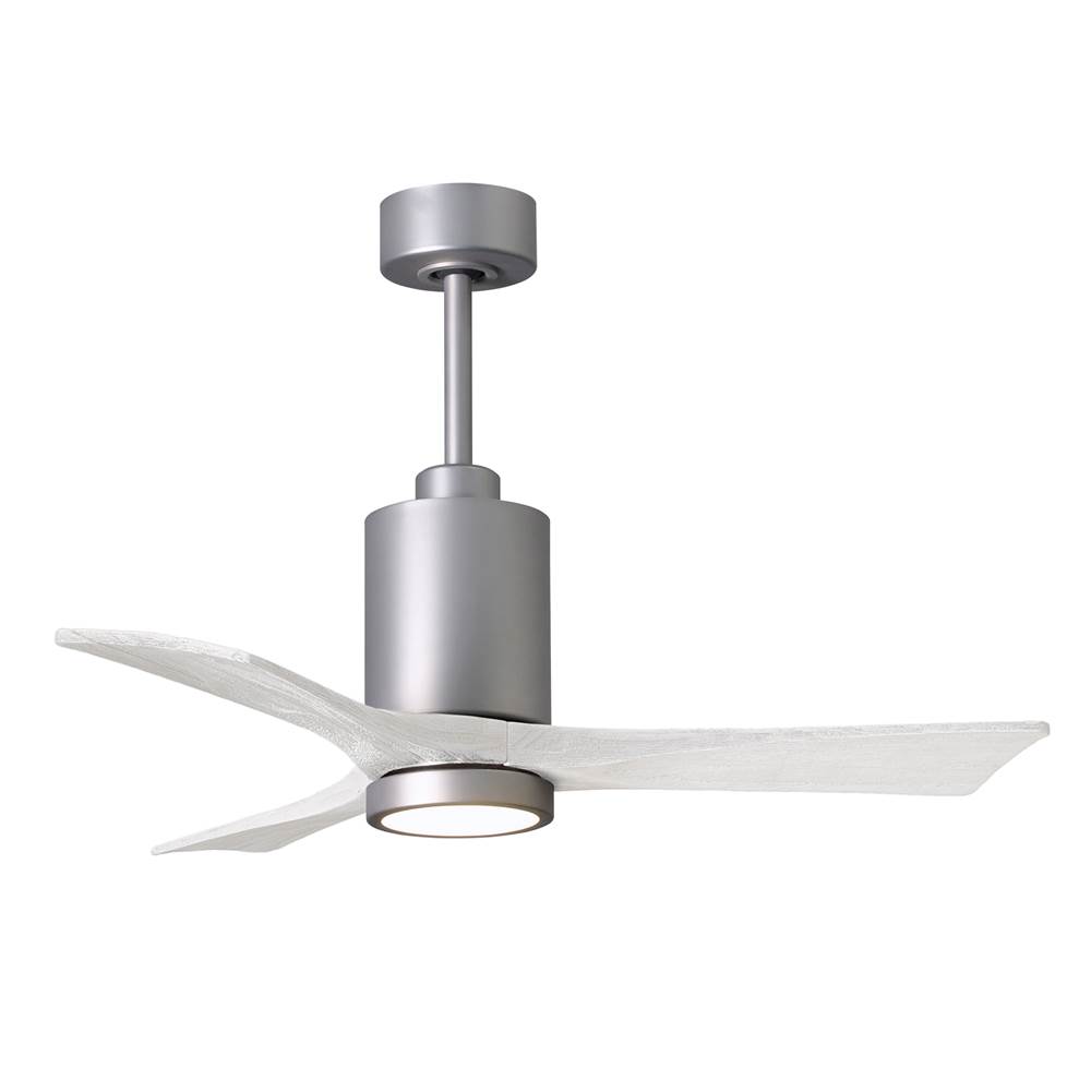 Matthews Fan Company Patricia-3 three-blade ceiling fan in Brushed Nickel finish with 42'' solid matte white wood blades and dimmable LED light kit