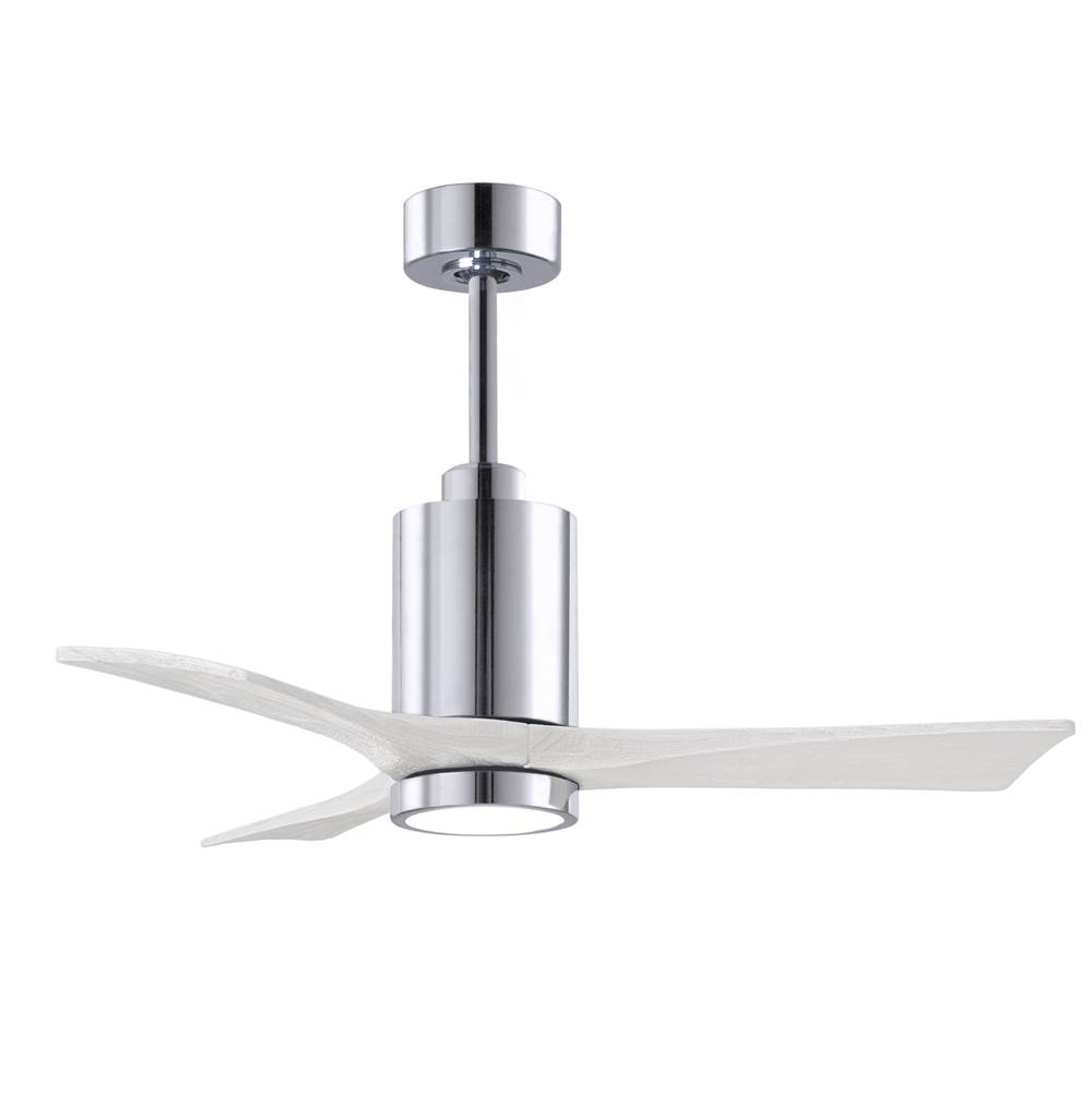 Matthews Fan Company Patricia-3 three-blade ceiling fan in Polished Chrome finish with 42'' solid matte white wood blades and dimmable LED light kit