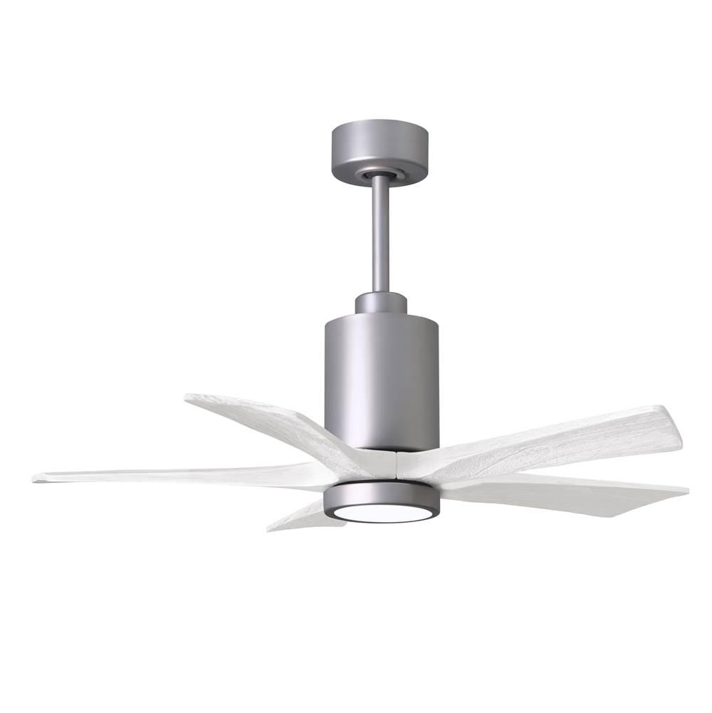 Matthews Fan Company Patricia-5 five-blade ceiling fan in Brushed Nickel finish with 42'' solid matte white wood blades and dimmable LED light kit