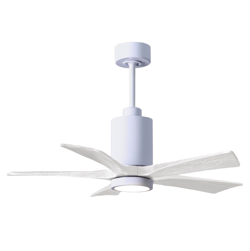 Matthews Fan Company Patricia-5 five-blade ceiling fan in Gloss White finish with 42'' solid matte white wood blades and dimmable LED light kit
