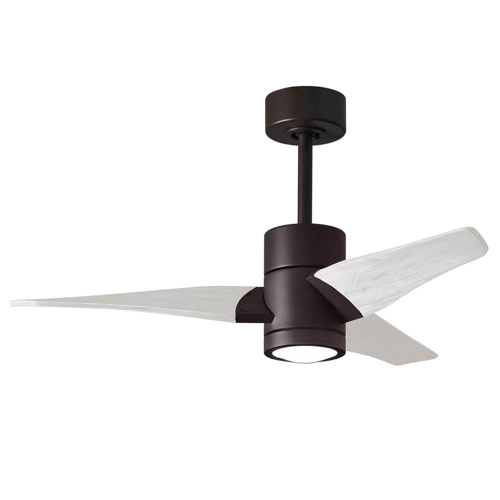 Matthews Fan Company Super Janet three-blade ceiling fan in Textured Bronze finish with 42'' solid matte white wood blades and dimmable LED light kit